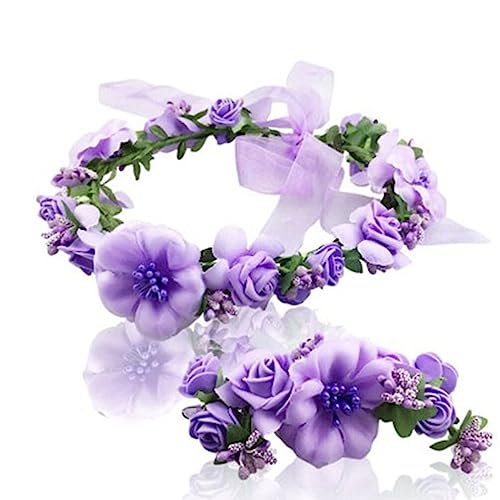 POPETPOP Brautkrone Hochzeitsstirnband Brautkopfschmuck Blumenkopfschmuck Mädchen Blumenstirnbänder Blumenhaarband Hochzeitshaarband Brautkopfbedeckung Blumenkrone Lila von POPETPOP