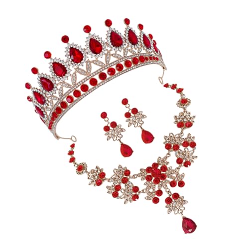 POPETPOP Brautschmuck Damen mit Roter Strass Krone Passender Halskette und Ohrsteckern Langlebiges Glänzendes Material Geeignet für Hochzeit Geburtstag Fest und Besondere Anlässe von POPETPOP