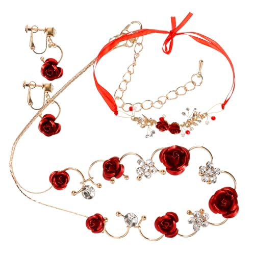 POPETPOP Brautschmuck mit Roter Rosen und Strassverzierung Teiliges Schmuckset für Damen Bestehend aus Halskette Ohrringen und Armband Hochzeitsschmuck Dekoration für Braut und Festliche von POPETPOP