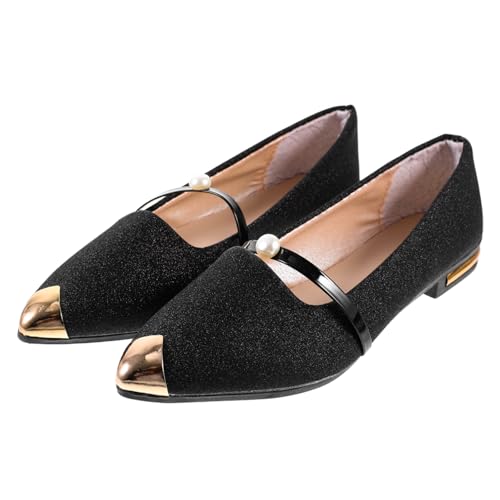 POPETPOP Damen Ballerinas Flach mit Spitz Zulaufender Spitze und Perlendekor rutschfest Langlebig aus Sommerschuhe für Alltag Shopping und Dates Schwarz von POPETPOP