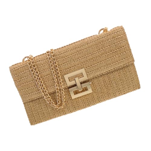 POPETPOP Damen Clutch Tasche mit Kettenriemen Mehrlagige Umhängetasche aus Strohimitat Rustikale Abendtasche mit Drehverschluss Leichte Party Handtasche für Damen Tragbare Schultertasche von POPETPOP