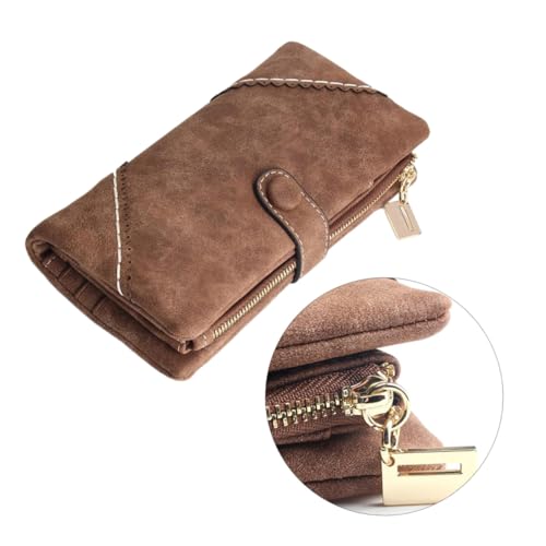 POPETPOP Damen Geldbörse Mittelgroß Zipper Wallet mit Schnalle aus Premium PU Multifunktionale Handtasche für Karten und Münzen Kaffee Farbe Praktisch und Langlebig von POPETPOP