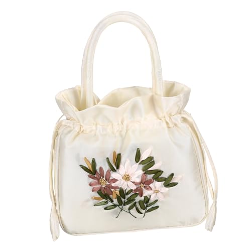 POPETPOP Damen Handtasche Blumenmuster Drawstring Eimertasche Satin Weiß Abendtasche für Festliche Anlässe und Abendkleider Vielseitige Clutch als Stilvolles Accessoire von POPETPOP