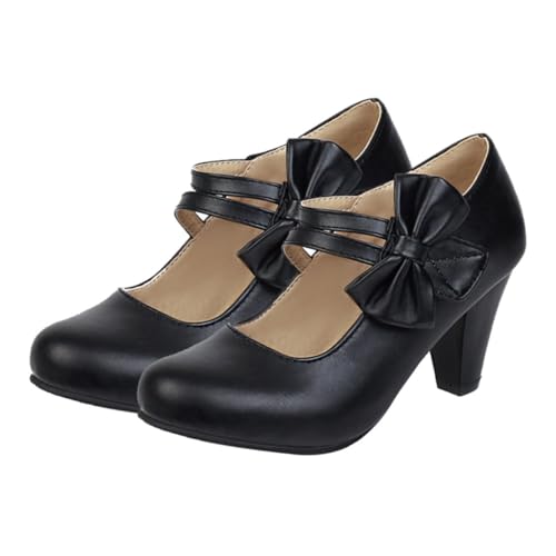 POPETPOP Damen High Heels mit Chunky Absatz und Schleifenverzierung Pu Material rutschfeste Sohle Stilvolle Pumps für Partys Büro Hochzeit Schwarz von POPETPOP