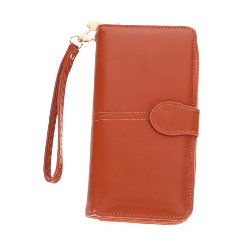 POPETPOP Damen Langbörse aus Kunstmaterial mit Reißverschluss und Druckknopf Braune Geldbörse mit Münzfach und Kartenhalter Schlanke Handtasche für Alltag Büro und Outdoor Modische Frauen von POPETPOP