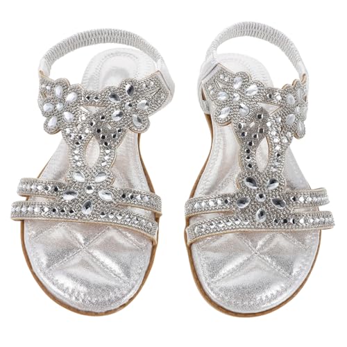 POPETPOP Damen Sandalen mit Funkelnden Strasssteinen Leichte Bequeme Sommerschuhe für Strand und Reisen Silberne Freizeit Schuhe von POPETPOP