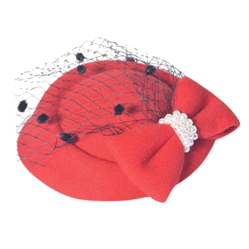 POPETPOP Eleganter Spitzen Haarschmuck mit Schleifen Hut Haarclip für Damen Fester Atmungsaktiv Vielseitig für Hochzeit Party Kostüm Roter Brauthut von POPETPOP