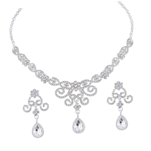 POPETPOP Elegantes Schmuckset Damen Teiliges Brautschmuck mit Strass Halskette und Glänzenden Ohrringen Geeignet für Hochzeit Party Fotoshooting und Festliche Anlässe von POPETPOP