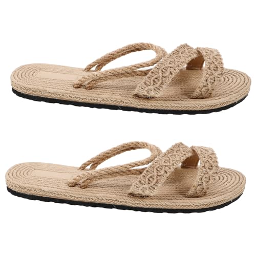 POPETPOP Flache Damen Sandalen mit Gewebter Strohbasis Leichte Sommerschuhe für Strand und Alltag Bequeme Pantoletten in Beige Vielseitig und Elegant für von POPETPOP