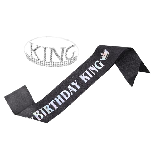POPETPOP Geburtstags Krone und Schulterband für Herren Silber Weiße Glitzer Krone und Schwarzes King Schärpen Design Festliches Partyzubehör für Unvergessliche Geburtstagsfeiern von POPETPOP