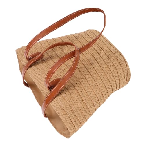 POPETPOP Große Gewebte Strohtasche Damen mit Vielseitigen Tragemöglichkeiten Leichte Strandtasche und Umhängetasche Geräumige Urlaubstasche für Arbeit Strand und Reisen in Khaki von POPETPOP