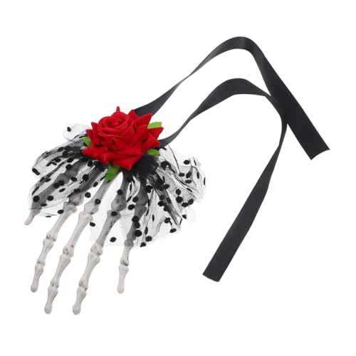 POPETPOP Halloween Haarschmuck Skelett Hand Haarspange mit Rosenblüte Gotische Blumen Haarklammer für Damen Festliches Accessoire für Kostüm Tag der Toten und Party von POPETPOP