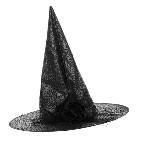 POPETPOP Halloween Hexenhut für Erwachsene mit Schwarzer Spitzenrose und Netzschleier Eleganter Bequemer Hexenhut für Faschingskostüme Party und Cosplay Zubehör von POPETPOP