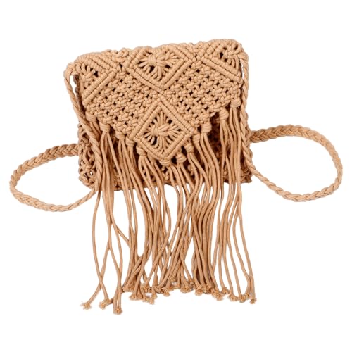 POPETPOP Handgefertigte Damen Umhängetasche aus Baumwollgarn mit Modischen Quasten Kleine Gewebte Schultertasche im Boho Stil Vielseitige Tragbare Tasche für Strand Reise und Sommer von POPETPOP