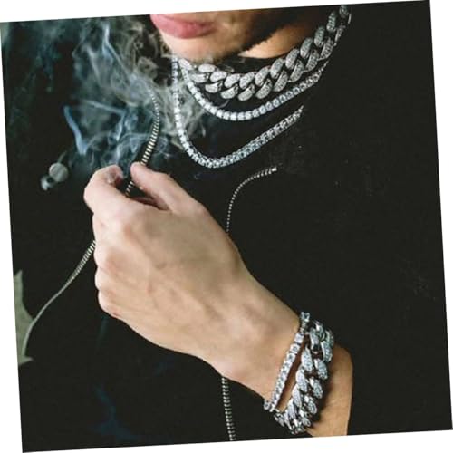 POPETPOP Hip hop Herren Halskette Kubanische Kette Silber mit Voller Strassbesatz Legierung Robust und Modisch Männliche Halskette für Party Alltag und Festliche Anlässe von POPETPOP