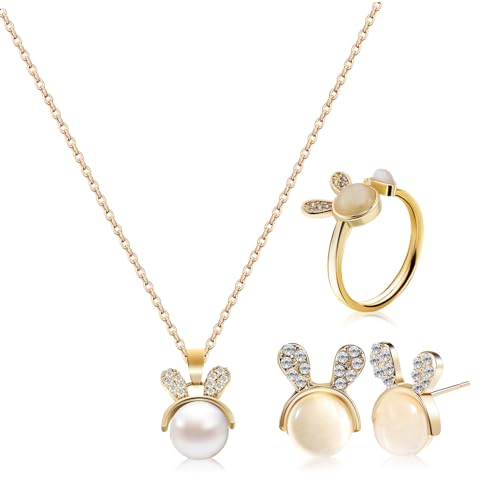 POPETPOP Hübsches Kaninchen Schmuckset Damen Teiliges Hasen Design Ring Ohrringe Halskette aus Langlebiger Legierung Leicht und als für Frauen von POPETPOP