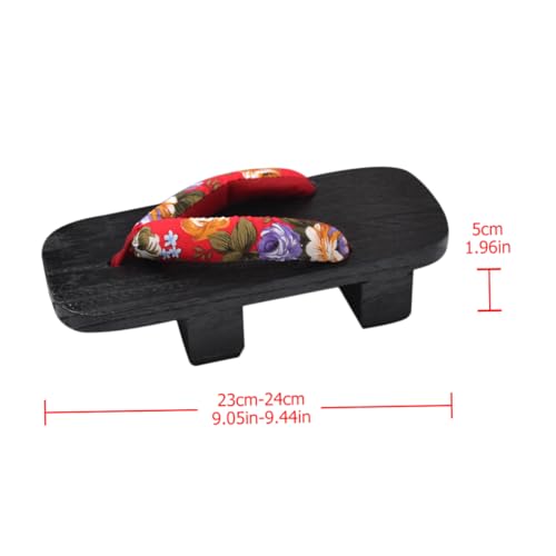 POPETPOP Japanische Holz Clogs Damen Herren Sommer Sandalen mit Dicker Plattform Rutschfest Slip Hausschuhe Rot Blumenmuster Schwarz Holz von POPETPOP
