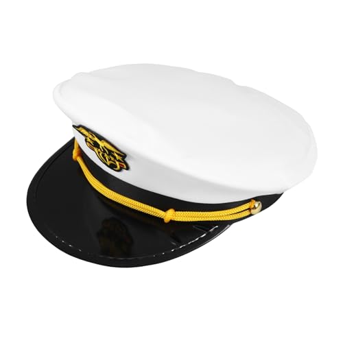 POPETPOP Kapitänsmütze Weiß Flachkrempe Partyhut für Themenparty Bühne Auftritt Segler Mütze Kopfumfang Elegant und Modern von POPETPOP