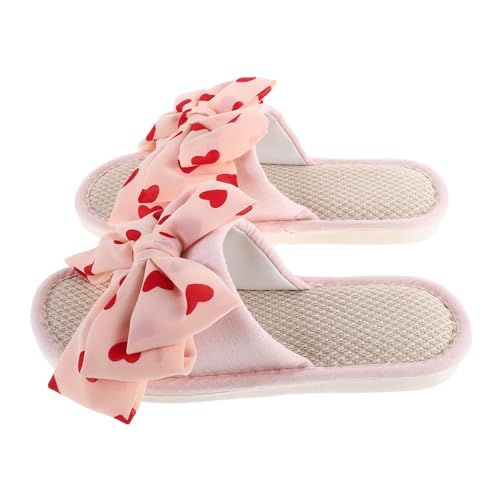 POPETPOP Leichte Damen Hausschuhe aus Atmungsaktivem Stoff Offene Zehen Bequeme Sommer Pantoletten mit Schleifen Detail Rutschfest und Pflegeleicht für Innenräume von POPETPOP