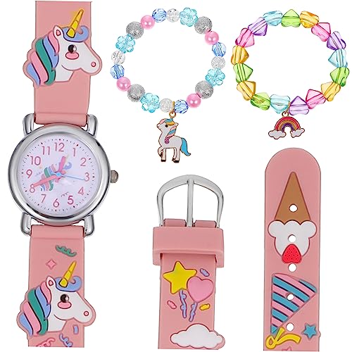 POPETPOP Uhrenarmband-Set Für Mädchen Junge Mädchen-quarzuhr Mit Einhorn-anhänger Perlen-Herz-verzierung Regenbogen-Armband Geburtstagsgeschenk von POPETPOP