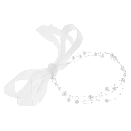 POPETPOP Mehrlagiges Perlenstirnband mit Transparentem Leichtem Fischgrätenband Eleganter Braut Kopfschmuck mit Weißen Kunststoffperlen für Hochzeit Party und Festlichen Haarschmuck von POPETPOP