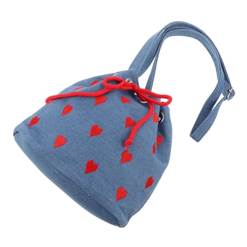 POPETPOP Mini Bucket Bag Damen Schultertasche mit Herz Design Leichter Stoff Vielseitige Crossbody und Handtasche für Reisen Alltag und Festivals Kompakte Praktische Handtasche von POPETPOP