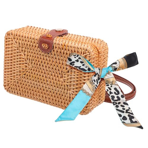 POPETPOP Natürliche Strohtasche Damen Handgefertigte Umhängetasche mit Seidenschal Leicht Geflochtene Strandtasche Kleine Sommer Clutch Vielseitig Für Alltag Reise Strand von POPETPOP