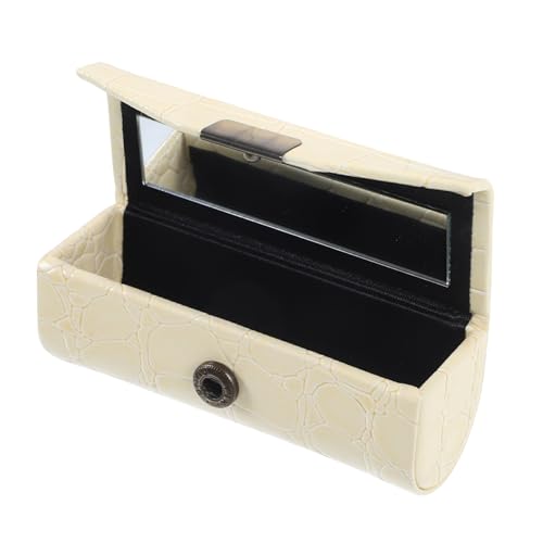POPETPOP PU Lippenstift Etui mit Spiegel Kleines Tragbares Make Up Organizer aus Langlebigem PU Leder und Zinklegierung Kompakte Lippenstifttasche in Modischem Beige für Handtasche von POPETPOP