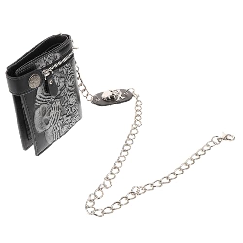 POPETPOP Punk Gothic Geldbörse mit und Diebstahlschutz Kette Unisex Geldbeutel aus Robustem Echtleder Kompakt Leicht mit Reißverschluss für Outdoor Reisen Halloween Party von POPETPOP