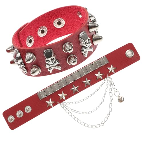 POPETPOP Punk Lederarmband mit Nieten und Stylisches Hip Hop Armband für Männer und Frauen Mehrlagiges Rotes Wristband für Party Bühne und Alltag Robustes Unisex Accessoire von POPETPOP