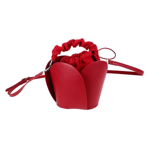 POPETPOP Rote Damen Fake Leather Bucket Bag mit Kordelzug Mini Crossbody Handtasche Modische Schultertasche für Partys und Freizeit Langlebig und Vielseitig Einsetzbar von POPETPOP