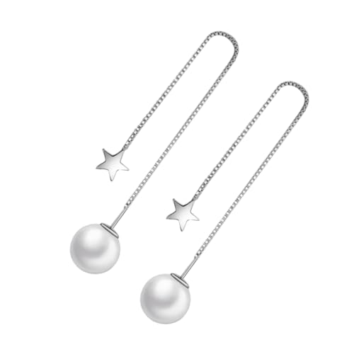 POPETPOP Silberne Lange Ohrhänger mit Perlen und Sternen Silber Weißkupfer mit Weißgoldbeschichtung Elegante Tropfenohrringe für Damen für Partys und Alltagsschmuck von POPETPOP