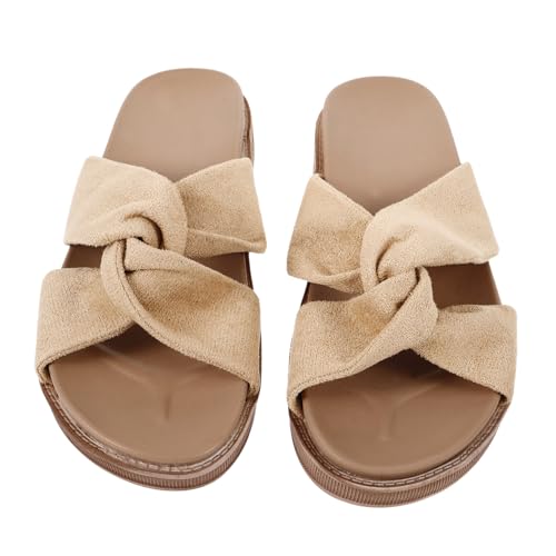 POPETPOP Sommer Damen Slipper Hawaii Stil Bequeme Sandalen mit Rutschfester Sohle Flache Außensohle Leicht und Vielseitig für Strand Pool und Outdoor Beige von POPETPOP