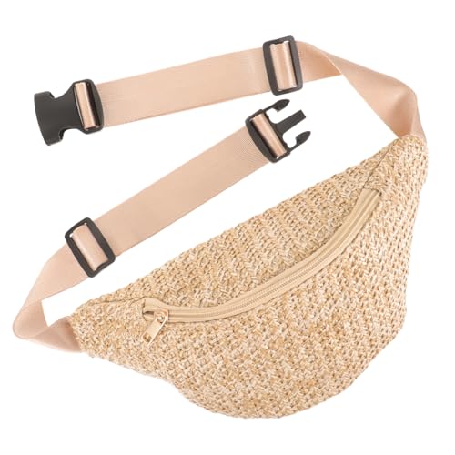 POPETPOP Sommerliche Mini Waistbag Hochwertigem Strohimitat Leichte Geflochtene Bauchtasche mit Crossbody Design Damen Brusttasche für Strand Reisen und Alltag Hellbraun von POPETPOP