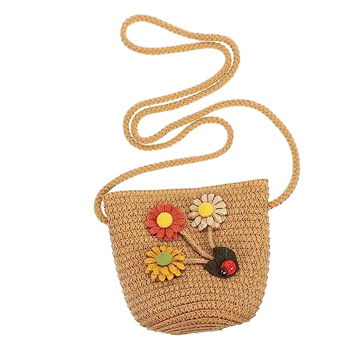 POPETPOP Strapazierfähige Strohtasche für Niedliche Cartoon Umhängetasche Tragbare Mini Geldbörse für Sommer Strand Freizeit Boho Stil Khakifarbene Mädchen Umhängetasche von POPETPOP