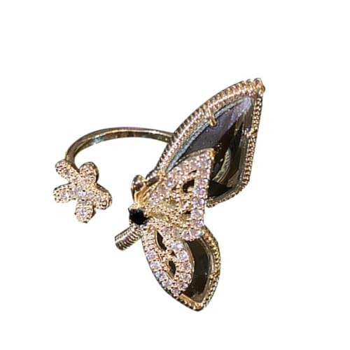 POPETPOP Verstellbarer Damen Ring mit Kristallblume und Schmetterling Offenes Band Glänzender Strass Schmuck für Party und Valentinstag Langlebiger Kupfer Finger Accessoire von POPETPOP
