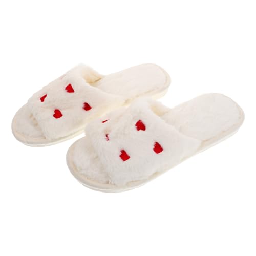 POPETPOP Weiche Damen Hausschuhe mit Offenem Zehenbereich Kuschelig Warm Rutschfest mit Süßer Herz Dekoration Komfortable Plüschpantoffeln für Indoor und Outdoor Weiß von POPETPOP