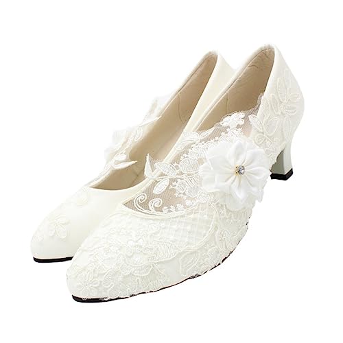 POPETPOP Weiße Damen Hochzeitsschuhe mit Eleganter Spitze Blockabsatz Komfortabel und Leicht für Brautkleid Party Business und Festliche Anlässe von POPETPOP