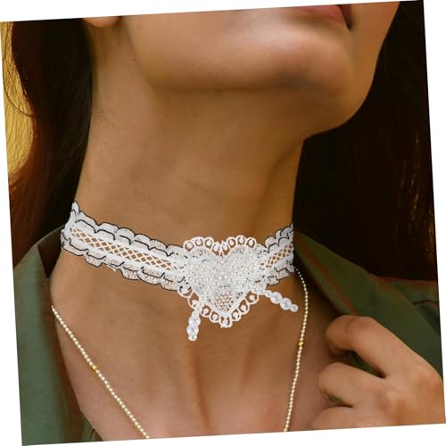 POPETPOP Weiße Gothic Spitzen Choker Halskette mit Verstellbarer Kette Herz Design und Modischer Perlen Schleife Statement Schmuck für Frauen Geeignet als Hochzeitsschmuck und Lolita von POPETPOP