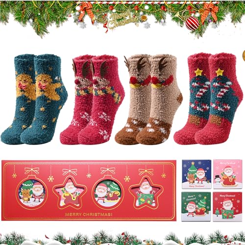 4 Paar Weihnachtssocken Damen,Flauschige Atmungsaktiv Weihnachten Thermosocken Damen Weihnachten Kuschelsocken mit Geschenkbox, Gemütliche Korallenfleece Socken für Weihnachtsgeschenke, Einheitsgröße 4 Paar Weihnachtssocken Damen,Flauschige Atmungsaktiv Weihnachten Thermosocken Damen Weihnachten Kuschelsocken mit Geschenkbox, Gemütliche Korallenfleece Socken für Weihnachtsgeschenke, Einheitsgröße von POPGMMT
