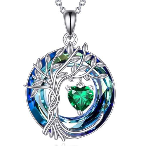Lebensbaum Birthstone kette für Damen 925 Sterling Silber Baum des Lebens Schmuck Smaragd Anhänger Mai Birthstone Edelstein mit Kristall Weihnachten Geschenke für Mutter Ehefrau von POPLYKE