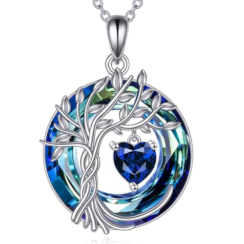 Lebensbaum kette für Damen 925 Sterling Silber Baum des Lebens Schmuck Saphir Anhänger September Birthstone Edelstein mit Kristall Weihnachten Geschenke für Mutter Frau von POPLYKE