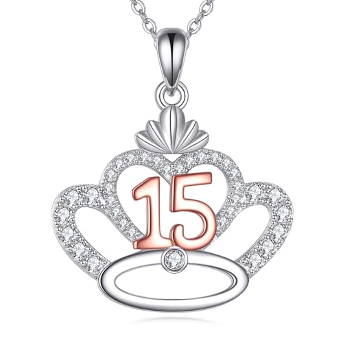POPLYKE 15. Geburtstag Krone Halskette Prinzessin Halskette 925 Sterling Silber 15 Jahre Mädchen Es ist mein 15. Geburtstagskrone für 15 Jahre Mädchen von POPLYKE