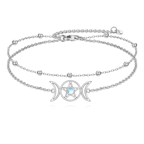 POPLYKE 925 Mond und Sterne Knöchel 925 Sterling Silber Elegante Fußkette Perlen Charme Boho Beach Schmuck Doppelschicht Knöchel Armband für Damen von POPLYKE