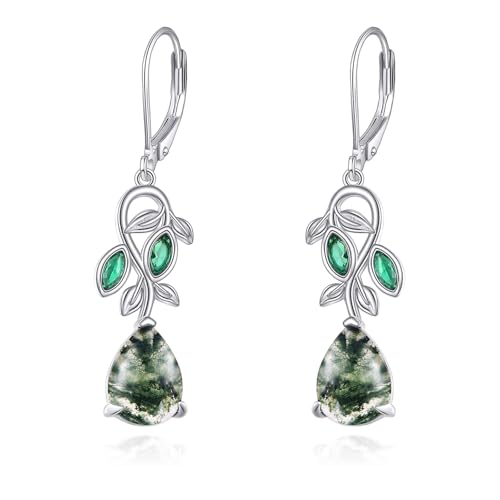 POPLYKE 925 Sterling Silber Blatt Moos Achat Ohrringe Filigrane Teardrop Tropfen Tropfen Leverback Ohrringe für Frauen Schmuck von POPLYKE