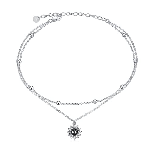 POPLYKE 925 Sterling Silber Double Layered Chain Antiqued Sonnenblume Fußkettchen Gänseblümchen Damen Strand Gänseblümchen Schmuck von POPLYKE