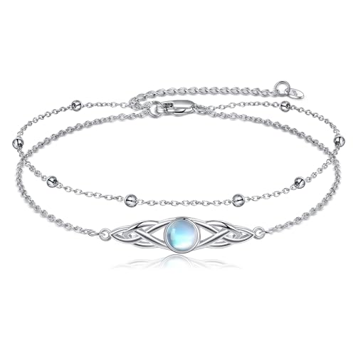 POPLYKE 925 Sterling Silber Irish Moonstone Fußkettchen Damen Celtic Ankle Bracelet Moonstone Anklet Layered Chain Knot Viking Moonstone Jewelry von POPLYKE