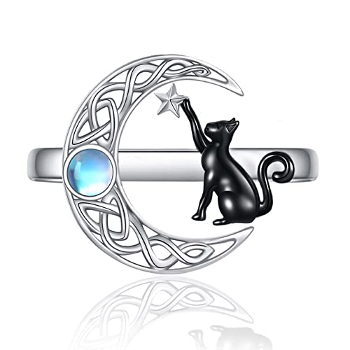 POPLYKE 925 Sterling Silber Keltische Mond Schwarze Katze Offener Ring für Frauen Mädchen Geburtstag Katze Schmuck Geschenke von POPLYKE