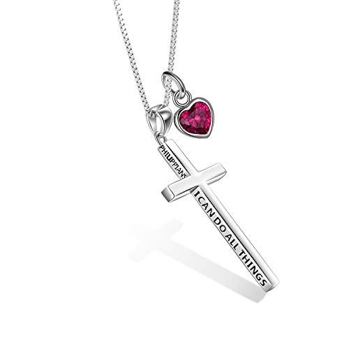 POPLYKE 925 Sterling Silber Kreuz Kette Juli Geburtsstein Kette Damen Männer Philippians 4:13 Ich kann alle Dinge inspirierende Schmuck Männer 20+2'' von POPLYKE
