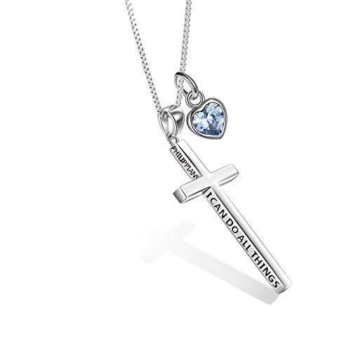 POPLYKE 925 Sterling Silber Kreuz Kette März Geburtsstein Kette Damen Männer Philippians 4:13 Ich kann alle Dinge inspirierende Schmuck Männer 20+2'' von POPLYKE